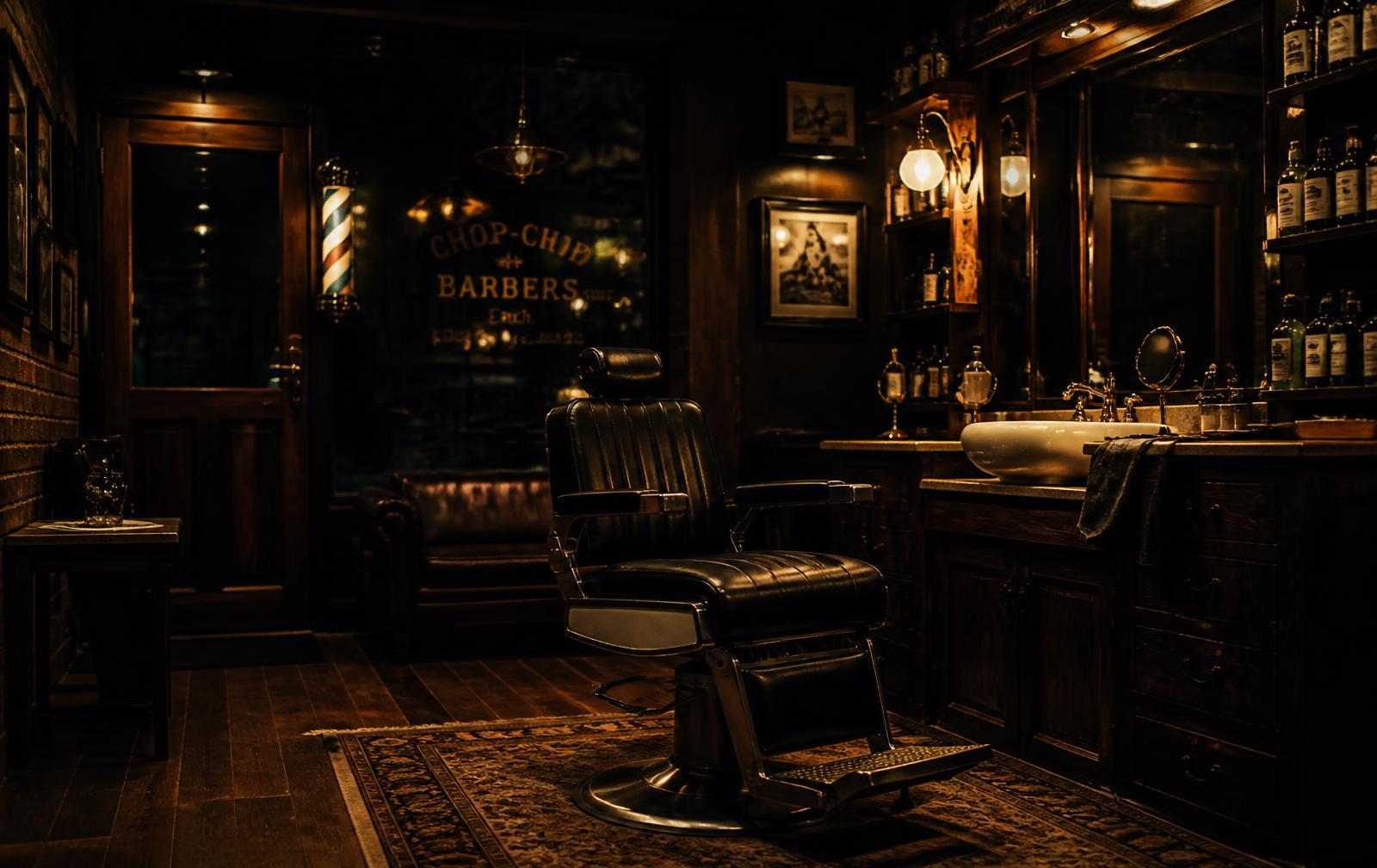 Interior de barbearia clássica com cadeira de couro e luz âmbar